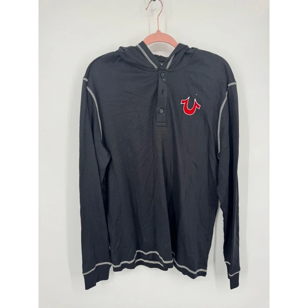 NWT True Religion Flocked Logo Hooded Henley T-Shirt Shirt Men's Large Jet Black